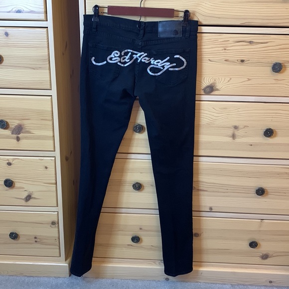 Ed Hardy Black Silver Embroidered Logo Y2k Jeans Size 29 Skinny - Picture 8 of 9